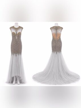 Terani Couture Embellished Silver Tulle Formal Evening Gown sz 8